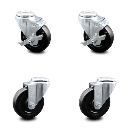 Service Caster 4 Inch Hard Rubber Wheel Swivel Bolt Hole Caster Set with 2 Brake SCC-BH20S414-HRS-2-TLB-2